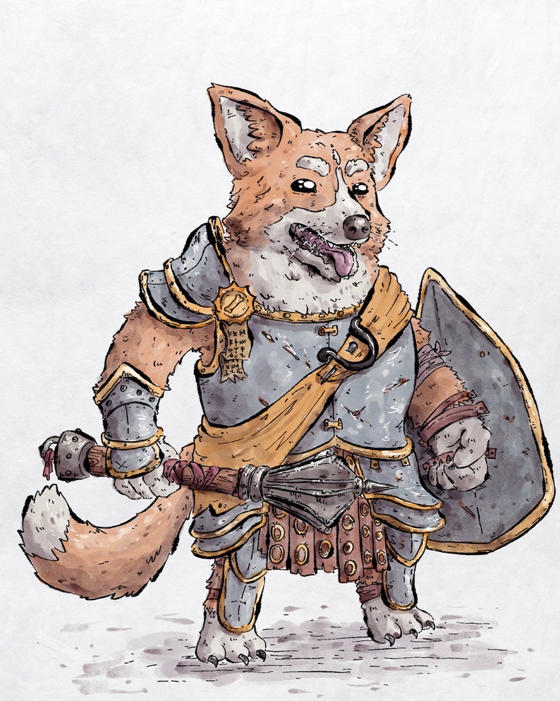 Puede incluir: Ilustraci&oacute;n digital de un perro corgi vestido con armadura medieval, sosteniendo una maza y un escudo. El perro tiene un pelaje marr&oacute;n y blanco, con la lengua afuera. La armadura es gris y dorada, con un cintur&oacute;n de cuero marr&oacute;n.