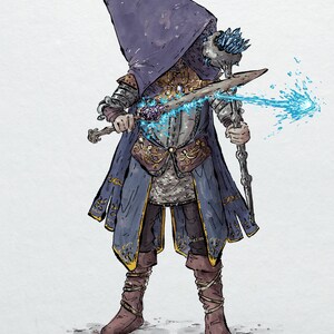 Puede incluir: Ilustraci&oacute;n de un personaje de fantas&iacute;a con una capa con capucha azul y una armadura ornamentada. El personaje sostiene una espada y un bast&oacute;n, con un efecto de energ&iacute;a azul que emana de la espada. Estilo de dibujo detallado.