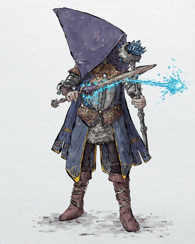 Puede incluir: Ilustraci&oacute;n de un personaje de fantas&iacute;a con una capa con capucha azul y una armadura ornamentada. El personaje sostiene una espada y un bast&oacute;n, con un efecto de energ&iacute;a azul que emana de la espada. Estilo de dibujo detallado.