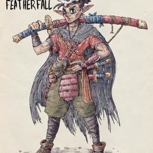 Puede incluir: Ilustraci&oacute;n de un personaje llamado "Florian Featherfall" con una m&aacute;scara de calavera con cuernos, que lleva dos espadas. El personaje lleva una camisa roja, pantalones verdes y una capa gris. La imagen tiene un estilo vintage, dibujado a mano.