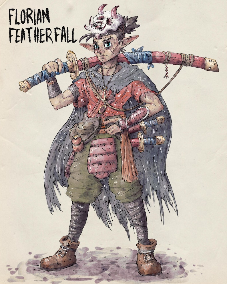 Puede incluir: Ilustraci&oacute;n de un personaje llamado "Florian Featherfall" con una m&aacute;scara de calavera con cuernos, que lleva dos espadas. El personaje lleva una camisa roja, pantalones verdes y una capa gris. La imagen tiene un estilo vintage, dibujado a mano.