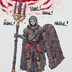 Puede incluir: Ilustraci&oacute;n de un guerrero con armadura, sosteniendo un tridente y un escudo. El guerrero lleva una m&aacute;scara y una capa oscura. La palabra "NIHIL!" est&aacute; escrita en varios lugares alrededor del guerrero.