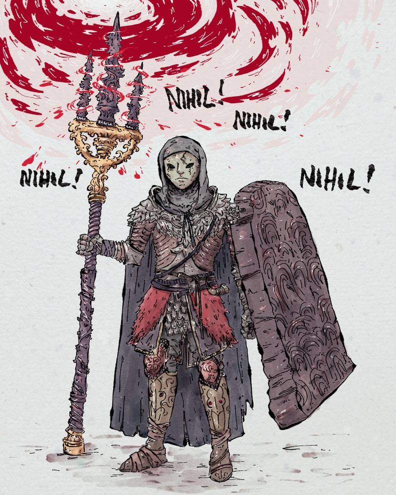Puede incluir: Ilustraci&oacute;n de un guerrero con armadura, sosteniendo un tridente y un escudo. El guerrero lleva una m&aacute;scara y una capa oscura. La palabra "NIHIL!" est&aacute; escrita en varios lugares alrededor del guerrero.
