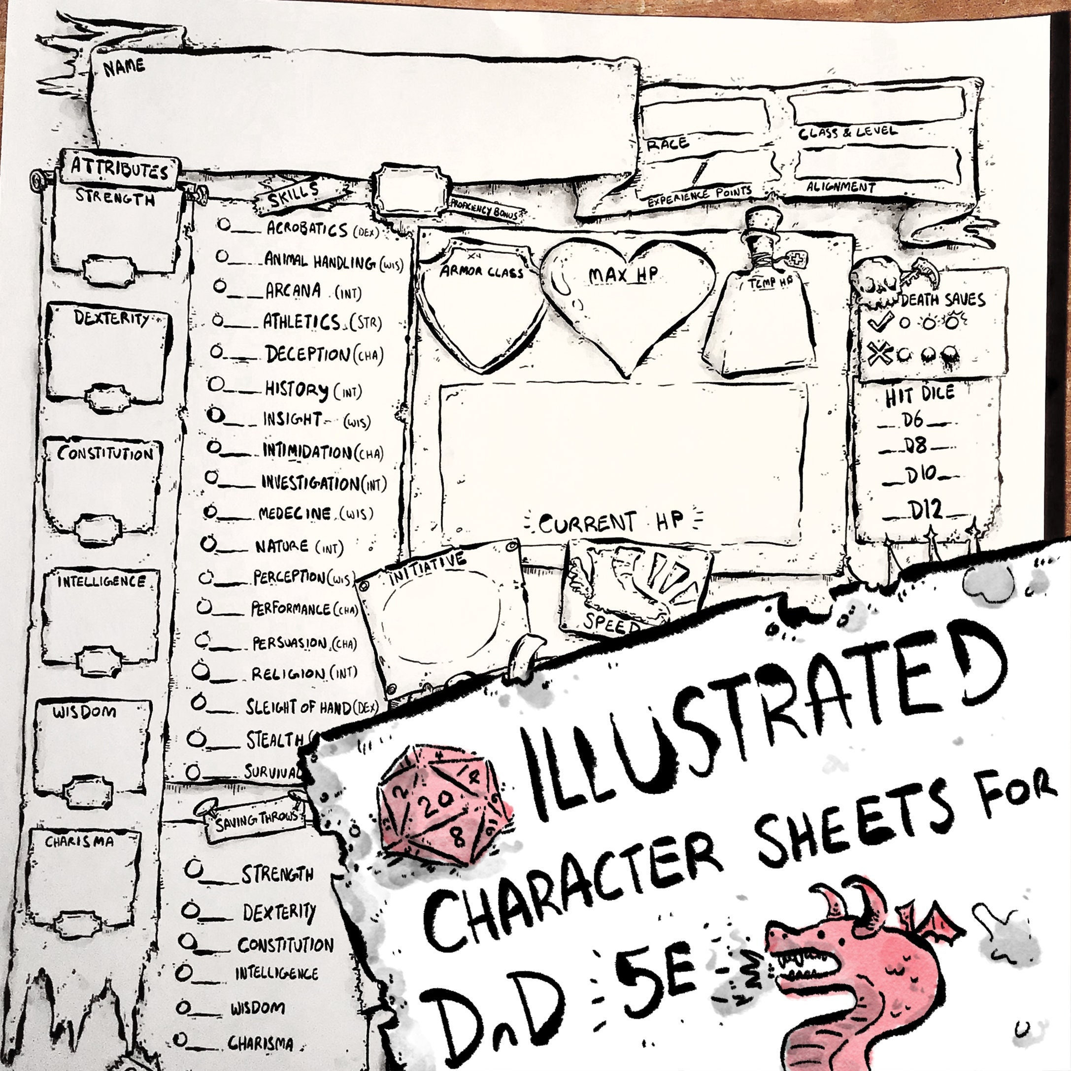 Inky Illustrated Dnd Character Sheet Printable D D 5e Etsy Canada