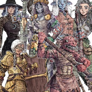 Puede incluir: Ilustraci&oacute;n de un grupo de personajes de fantas&iacute;a, incluyendo una bruja, un guerrero y una criatura parecida a un drag&oacute;n. Los personajes est&aacute;n representados con detalles precisos y diversas armas. La paleta de colores incluye tonos de marr&oacute;n, dorado y azul.