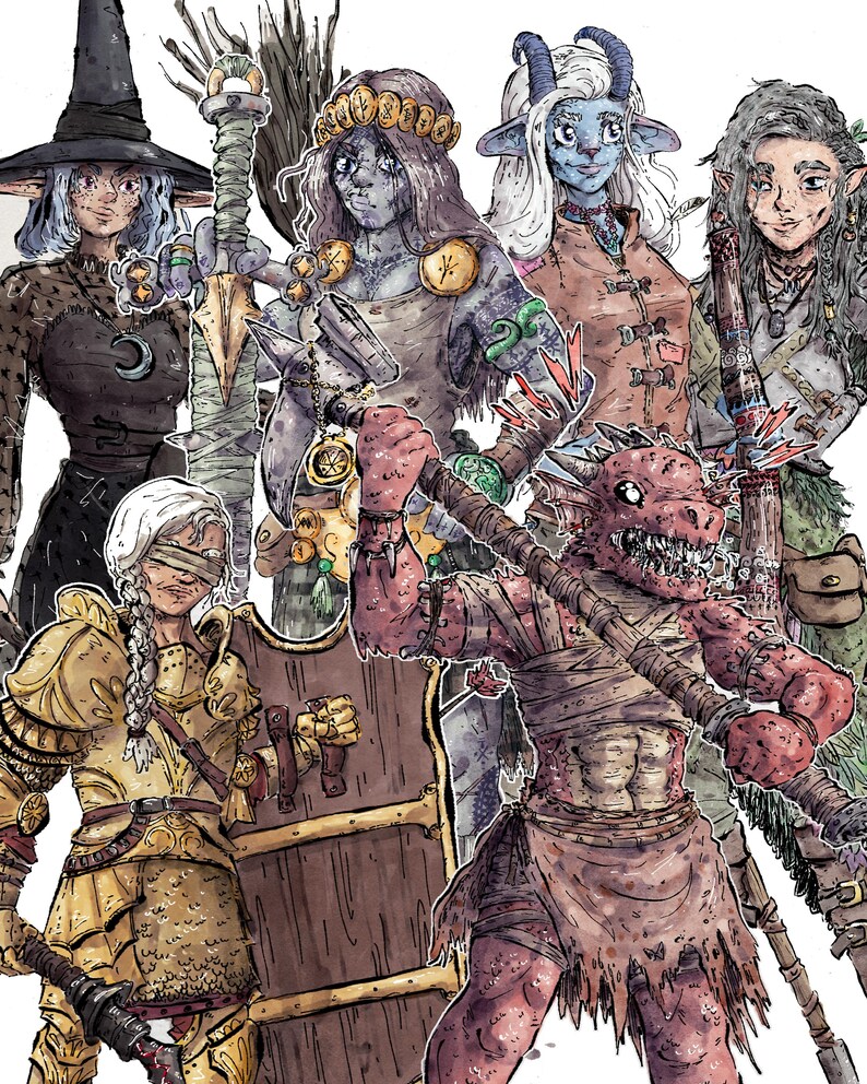 Puede incluir: Ilustraci&oacute;n de un grupo de personajes de fantas&iacute;a, incluyendo una bruja, un guerrero y una criatura parecida a un drag&oacute;n. Los personajes est&aacute;n representados con detalles precisos y diversas armas. La paleta de colores incluye tonos de marr&oacute;n, dorado y azul.