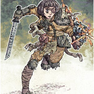 Puede incluir: Ilustraci&oacute;n de un personaje guerrero en pose din&aacute;mica, empu&ntilde;ando una espada y una pistola futurista. El personaje est&aacute; vestido con armadura y vendajes, con un parche en el ojo. La paleta de colores es apagada, con tonos marrones, beige y grises.
