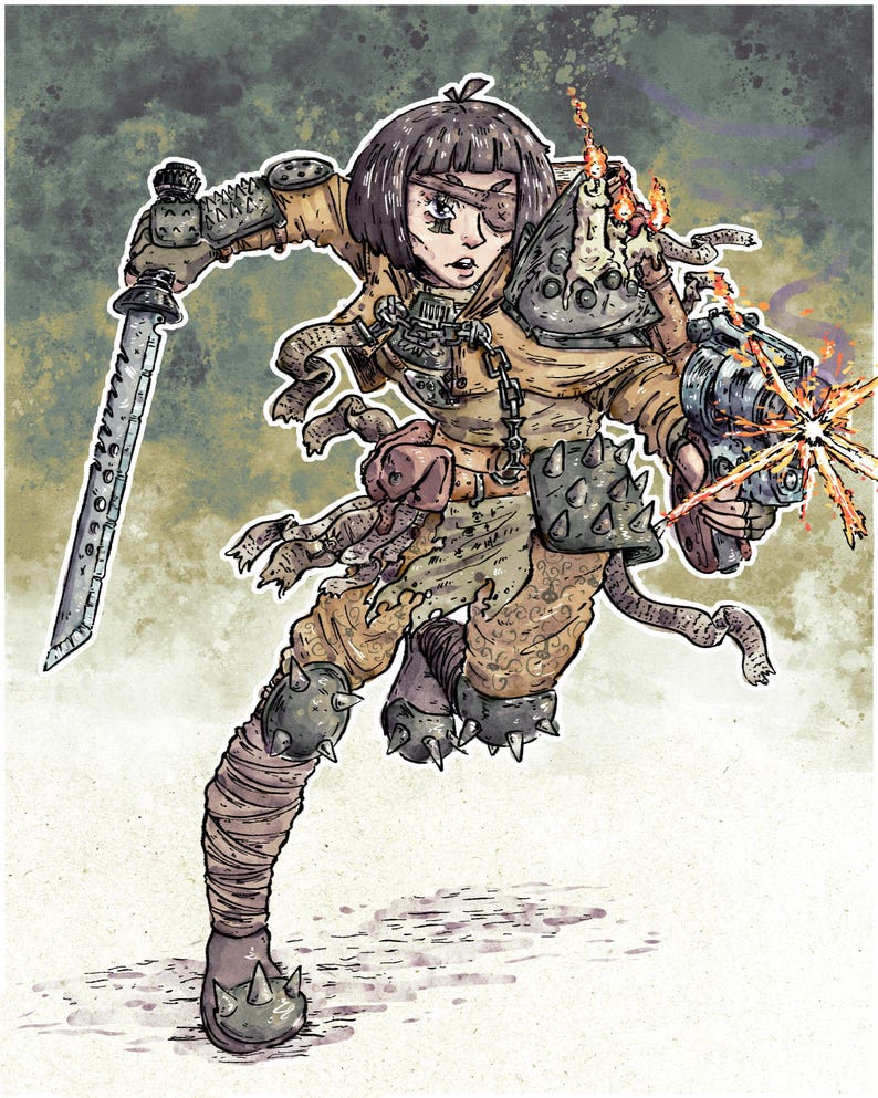Puede incluir: Ilustraci&oacute;n de un personaje guerrero en pose din&aacute;mica, empu&ntilde;ando una espada y una pistola futurista. El personaje est&aacute; vestido con armadura y vendajes, con un parche en el ojo. La paleta de colores es apagada, con tonos marrones, beige y grises.