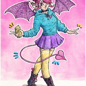 Puede incluir: Ilustraci&oacute;n de un personaje de demonio de dibujos animados con pelo rosa, cuernos y alas moradas. El personaje lleva una sudadera con capucha azul, una falda morada y botas negras. Una cola rosa con un extremo en forma de coraz&oacute;n se extiende desde la espalda del personaje. El fondo es rosa.