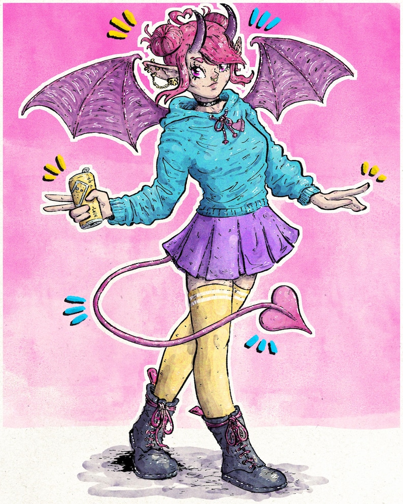Puede incluir: Ilustraci&oacute;n de un personaje de demonio de dibujos animados con pelo rosa, cuernos y alas moradas. El personaje lleva una sudadera con capucha azul, una falda morada y botas negras. Una cola rosa con un extremo en forma de coraz&oacute;n se extiende desde la espalda del personaje. El fondo es rosa.