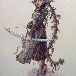 Puede incluir: Ilustraci&oacute;n de un personaje de fantas&iacute;a con arco y flecha. El personaje viste un atuendo oscuro con detalles dorados, un tocado con cuernos y una larga trenza adornada con cintas y cuentas. El arco tiene un dise&ntilde;o helado.