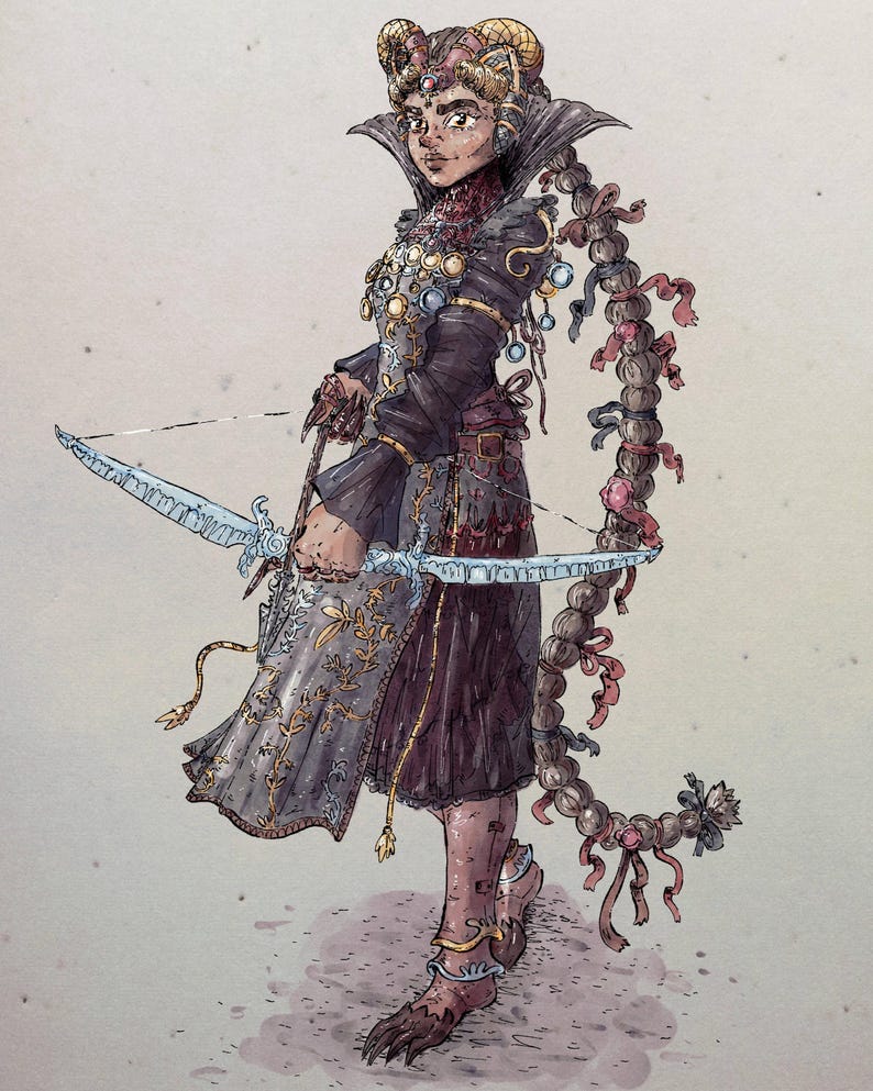 Puede incluir: Ilustraci&oacute;n de un personaje de fantas&iacute;a con arco y flecha. El personaje viste un atuendo oscuro con detalles dorados, un tocado con cuernos y una larga trenza adornada con cintas y cuentas. El arco tiene un dise&ntilde;o helado.