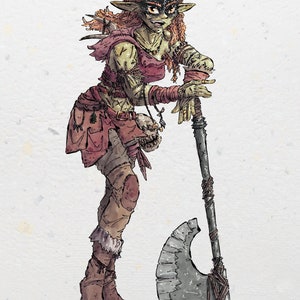 Puede incluir: Ilustraci&oacute;n de un personaje de fantas&iacute;a con piel verde, cabello rojo y una m&aacute;scara negra. El personaje viste un atuendo rojo y sostiene un hacha grande. La obra de arte tiene un estilo de acuarela y un fondo texturizado.