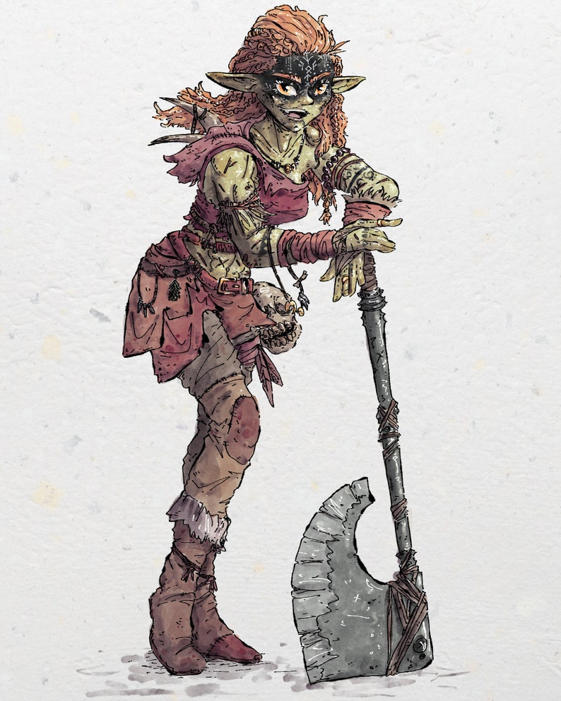 Puede incluir: Ilustraci&oacute;n de un personaje de fantas&iacute;a con piel verde, cabello rojo y una m&aacute;scara negra. El personaje viste un atuendo rojo y sostiene un hacha grande. La obra de arte tiene un estilo de acuarela y un fondo texturizado.