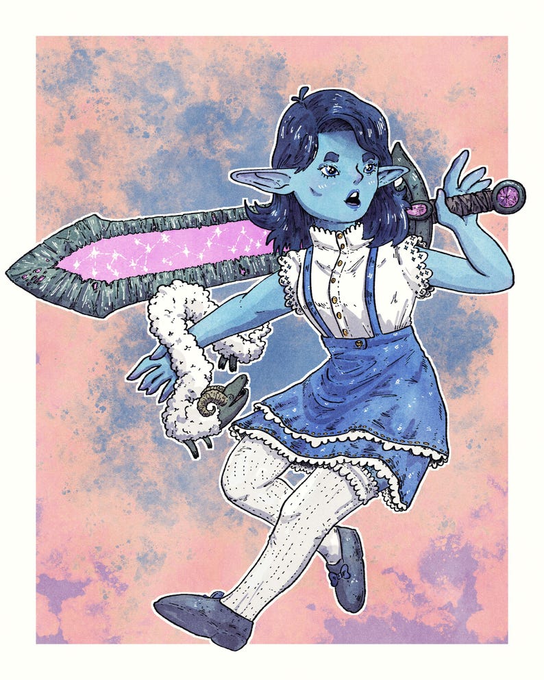 Puede incluir: Ilustraci&oacute;n de un personaje azulado con aspecto de elfo, con cabello azul oscuro, que lleva un vestido azul y sostiene una gran espada con un centro rosa. El personaje tambi&eacute;n sostiene una oveja blanca y esponjosa. El fondo es una mezcla de rosa y azul.