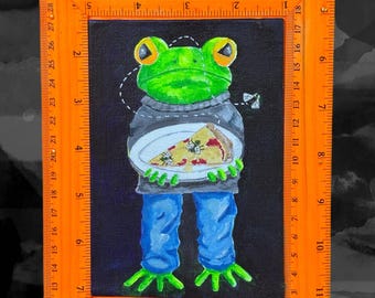 Original Frog with pizza painting – “ One Got Away” -  Whimsical Acrylic Art (8x6 Framed)
