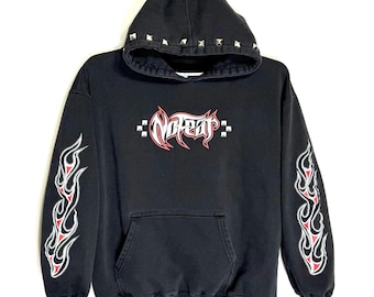 No Fear Vintage 90s Y2K Hoodie M-L Studded Hood Flame Sleeves Hooded Sweatshirt