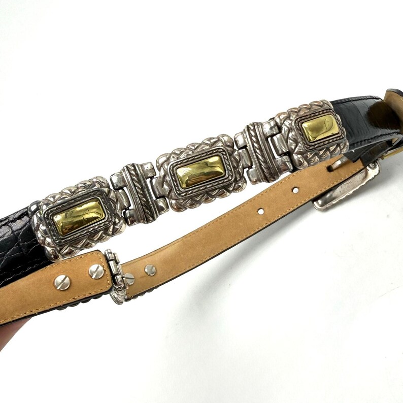 Vintage 90s Brighton Concho Statement Belt (Small 24-28) Black Croc Embossed Leather Bild 5