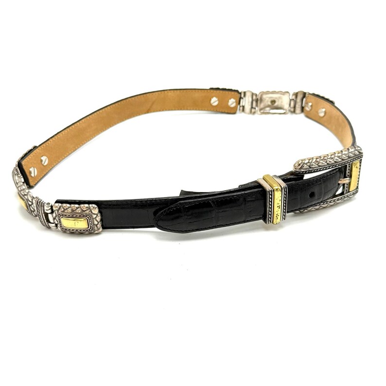 Vintage 90s Brighton Concho Statement Belt (Small 24-28) Black Croc Embossed Leather Bild 3