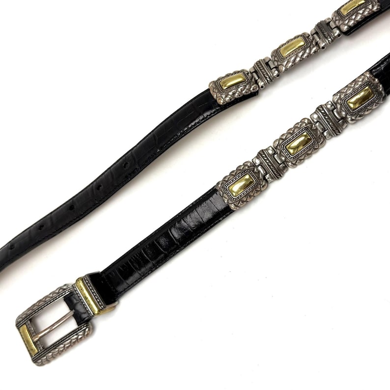 Vintage 90s Brighton Concho Statement Belt (Small 24-28) Black Croc Embossed Leather Bild 1