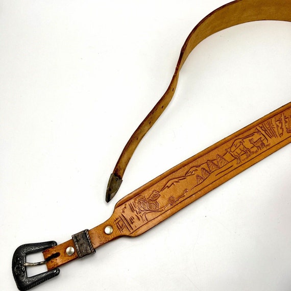 Vintage Hand Tooled Leather Belt 36 Deer Squirrel… - image 3