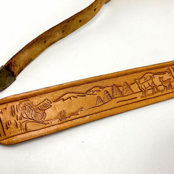 Vintage Hand Tooled Leather Belt 36 Deer Squirrel… - image 6