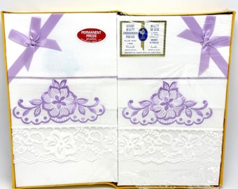 2 Vintage Lady Christina Embroidered Pillowcases Percale Purple Flowers Lace