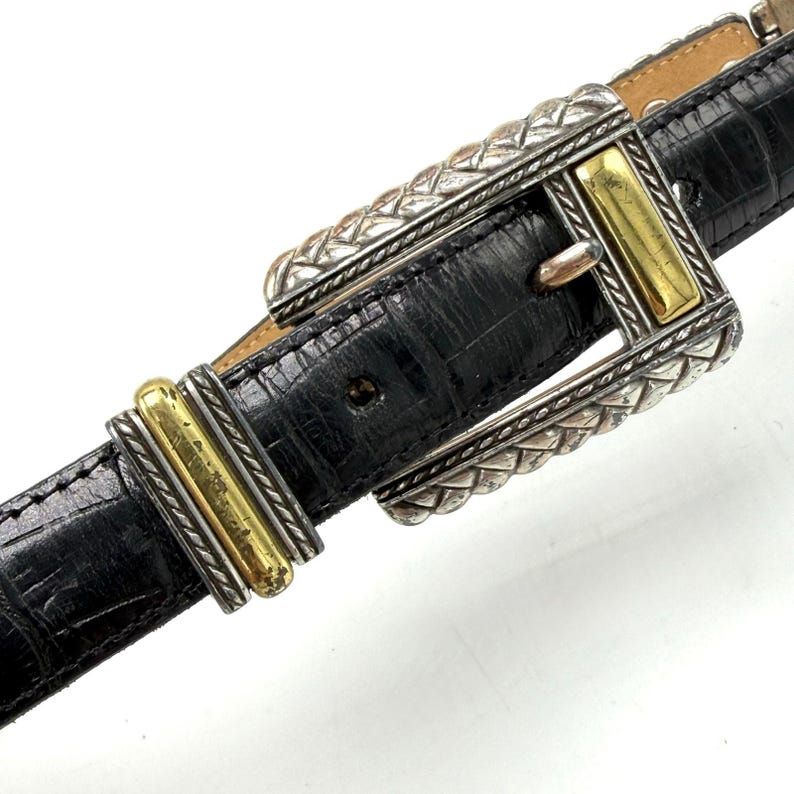 Vintage 90s Brighton Concho Statement Belt (Small 24-28) Black Croc Embossed Leather Bild 4