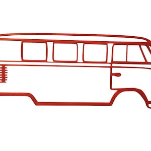 Peut inclure: Un contour rouge d'un van vintage, avec des fenêtres rectangulaires et une porte latérale. Le design du van comprend une calandre avant et une ligne de toit incurvée, sur fond blanc. Cette image est une représentation graphique d'un véhicule classique.