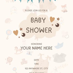Editable Baby Shower Invitation Template | Blue Neutral Baby Shower Invite | Canva Printable