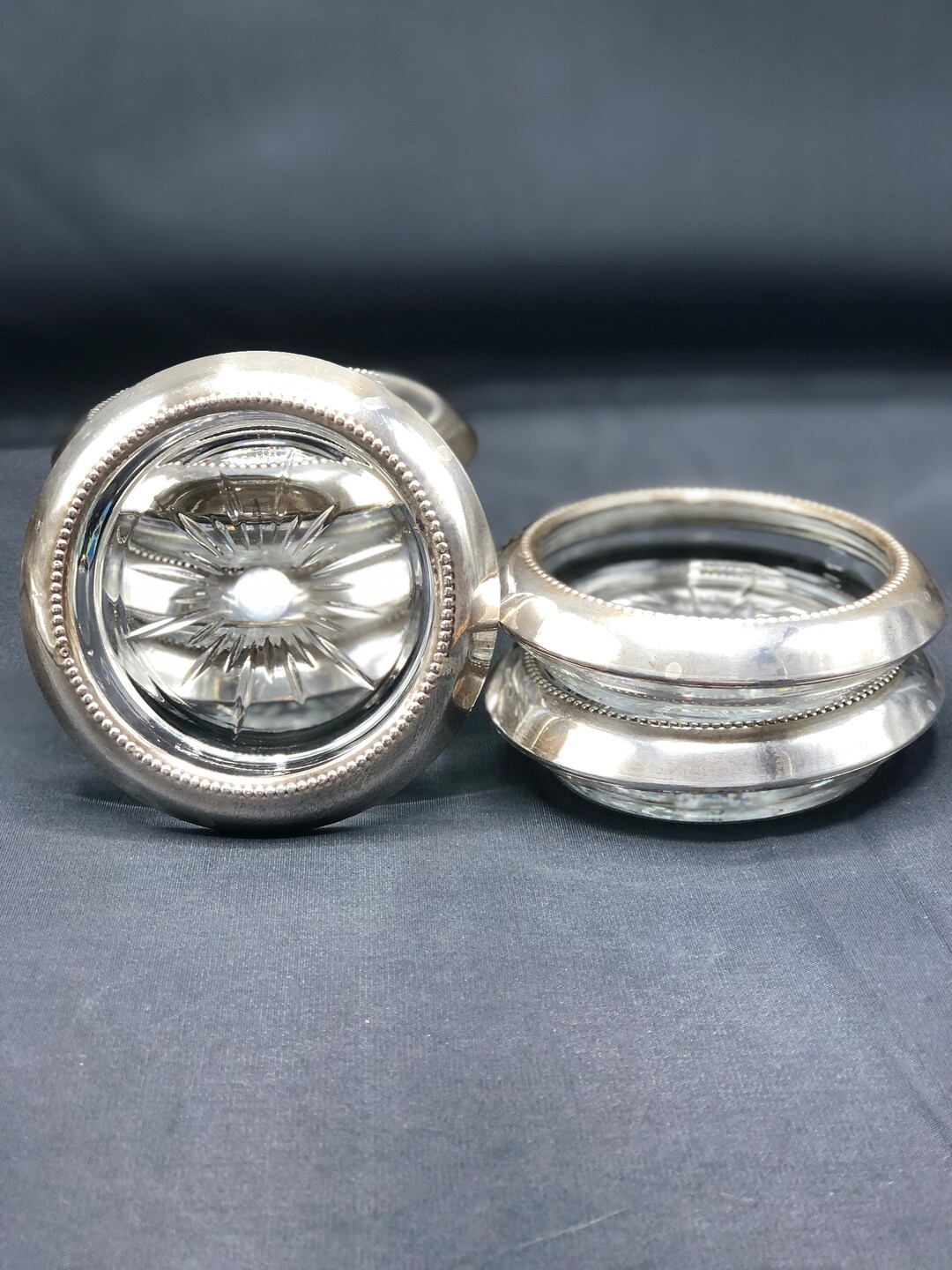 6 Vintage Individual Glass Coasters With Metal Rim Starburst Etsy