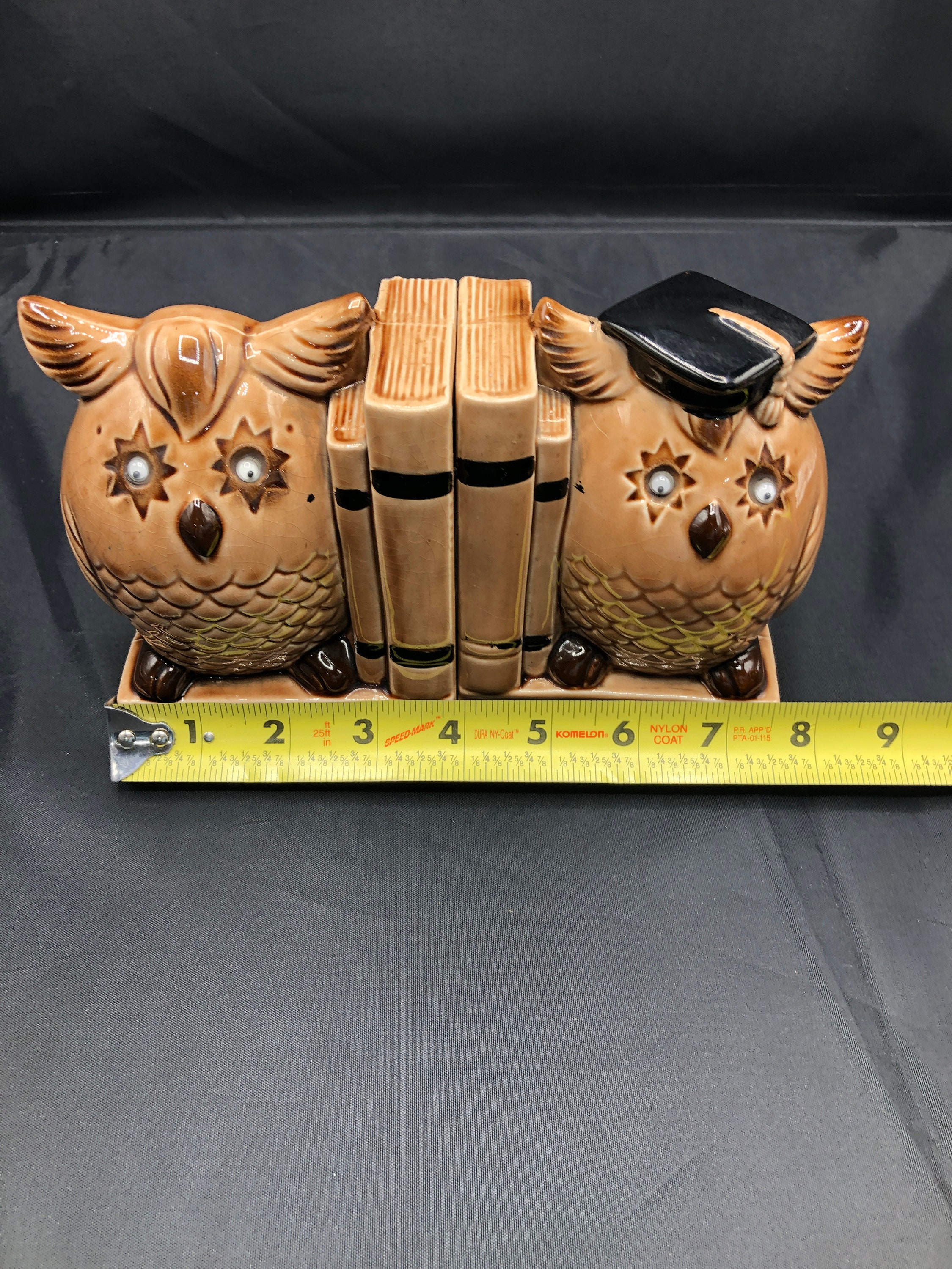 Japan Pair Ceramic Owl Bookends Crazing With Googly Eyes Books Cap Felt