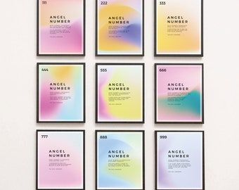 Complete Angel Numbers Instant Download - Set of 9 Prints, Spiritual Wall Art, Aura Gradient Poster, Home Decor, Digital Download
