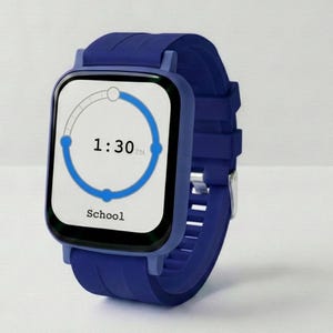 May include: A blue smartwatch with a rectangular face and a matching blue band. The watch face displays the time as 1:30 PM, with a circular progress indicator and the word "School" at the bottom.