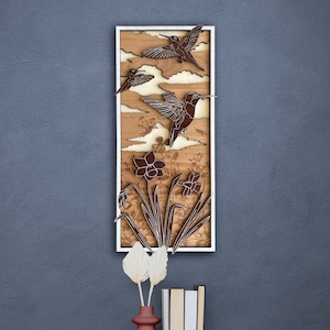 Hummingbird Wood Wall Art: Engraved Garden Scene, Long Narrow Decor