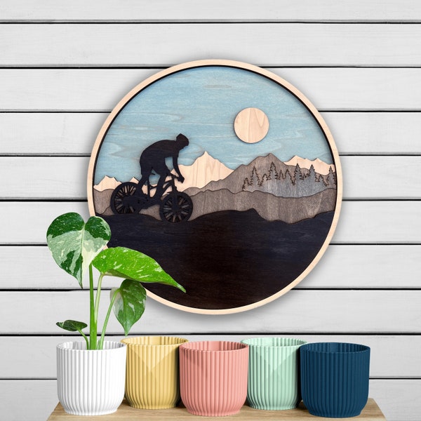 Mountain Biker Wall Art, Handmade Wood Wall Decor, Mountain Bike Gift, Circular Laser Cut 3D Art