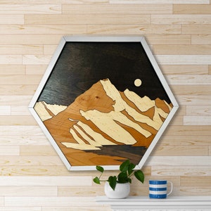 Handmade Wooden Mountain Wall Art: 3D Rustic Night Scene