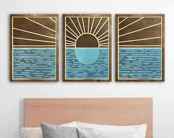 Geometric Wood Sunrise Triptych: Large Minimalist Beach House Wall Art