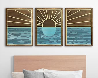 Big Geometric Sunrise, 3 Panel Large Living Room Decor, Minimalist Wood Wall Art, Beach House Wall Hanging, Above Bed Decor