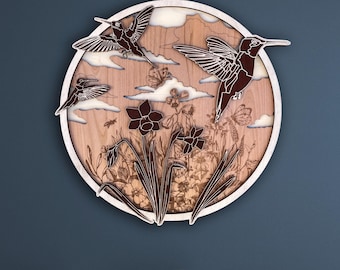 Handcrafted Hummingbird Wall Art, Natural Wood Garden Decor