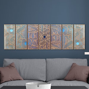 Multi Panel Wall Art,  Large Horizontal Decor, Art Deco Design, Seven Panel Layered Wood, Handmade Rustic Wood Decor, Blue Gradient