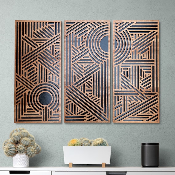 Geometric Triptych, Layered Wood Wall Art, Art Deco Design, Rustic