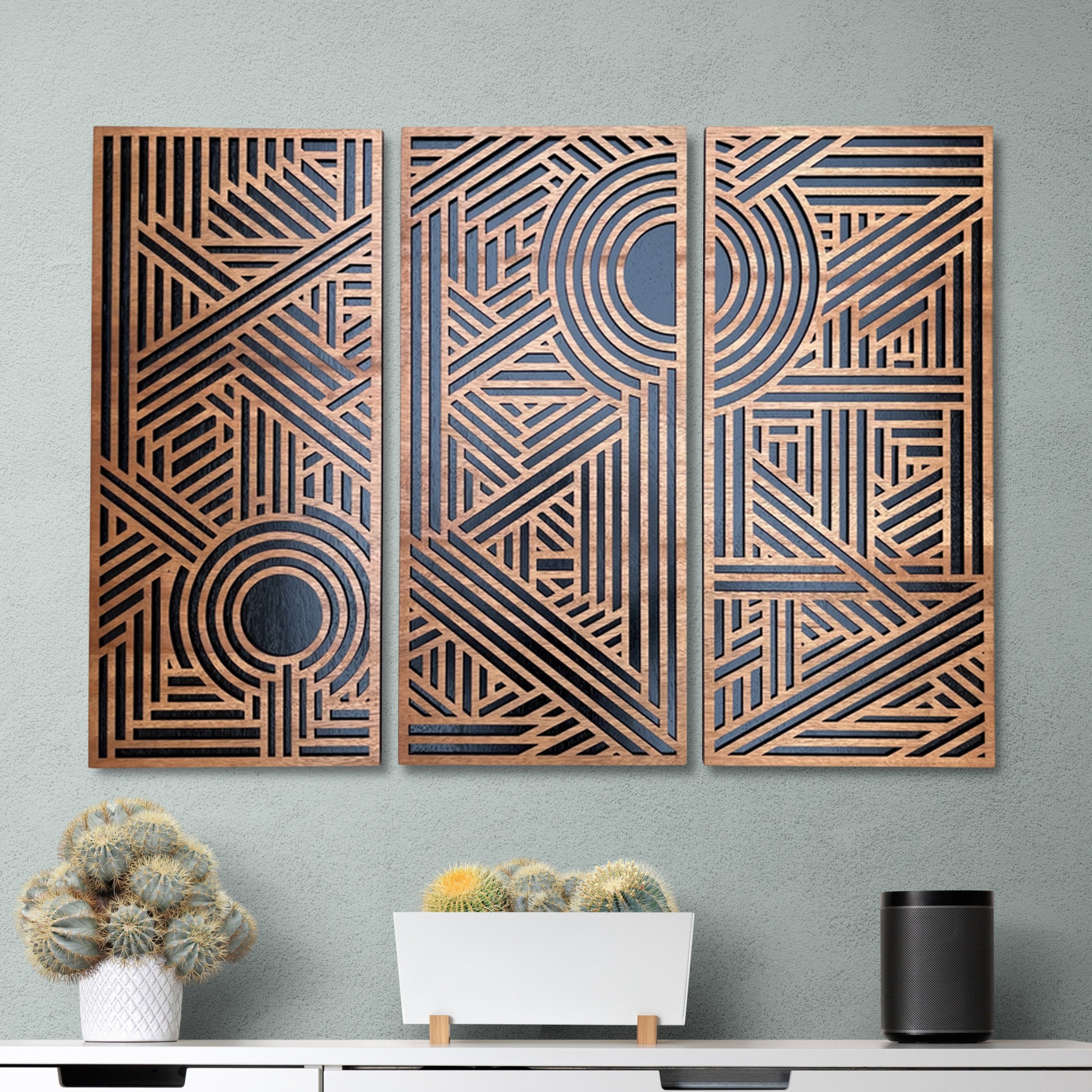 Geometric Triptych, Layered Wood Wall Art, Art Deco Design, Rustic