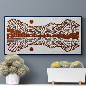 Engraved Mountain Range, Alpine Lake Wall Art, Unique Cabin Decor, Horizontal Mountain Reflection