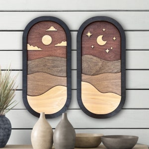 Sun and Moon Wood Wall Art, Oval Desert Wall Hangings, Bohemian Home Decor