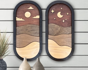 Sun and Moon Wood Wall Art, Oval Desert Wall Hangings, Bohemian Home Decor