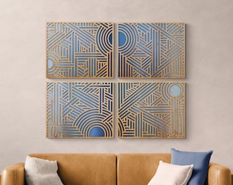 Geometric 4 Panel Wall Art, Wood Art Deco Design, Modern Rustic Decor
