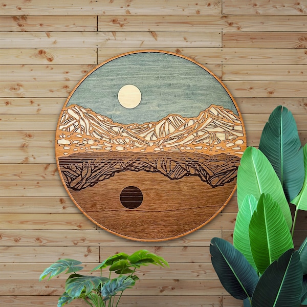 Wood Wall Art, Mountain Reflection, Handmade, Circular Wall Art