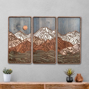 Geometric Mountain Triptych, Three Panels, Rustic Style Wall Art, Mountain Range, Lodge Decor