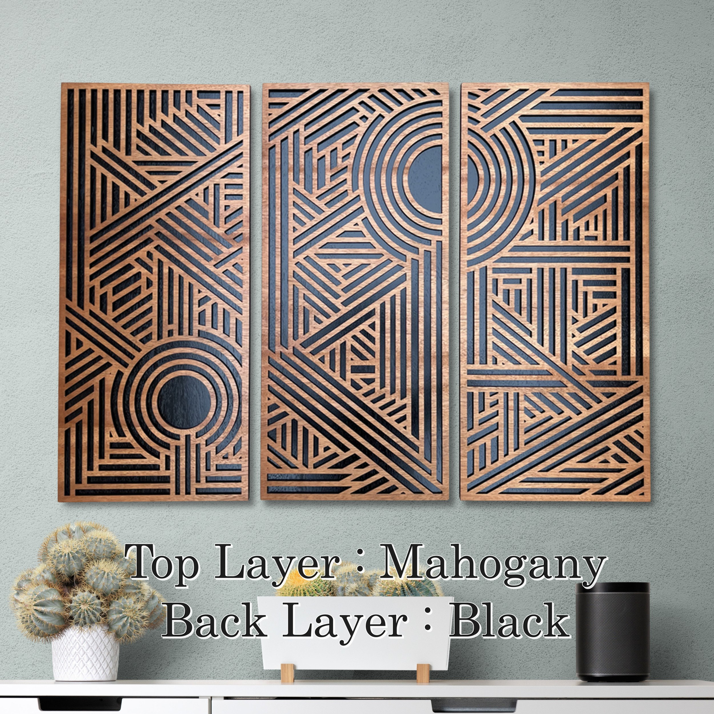 Geometric Triptych, Layered Wood Wall Art, Art Deco Design, Rustic